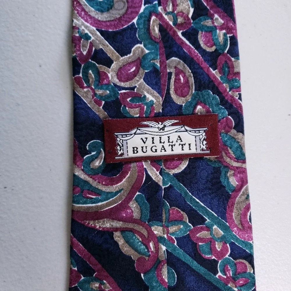 Villa Bugatti‎ Tie Paisley Floral Bold Striped Pattern Blue Pink Classic